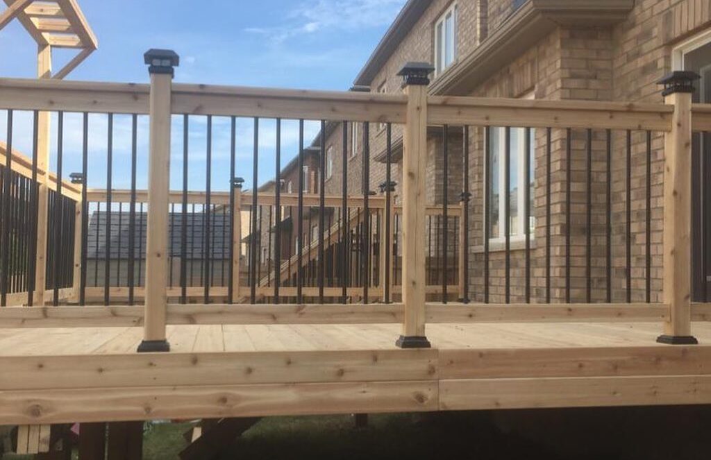 Timber deck with metal balusters and timber handrails